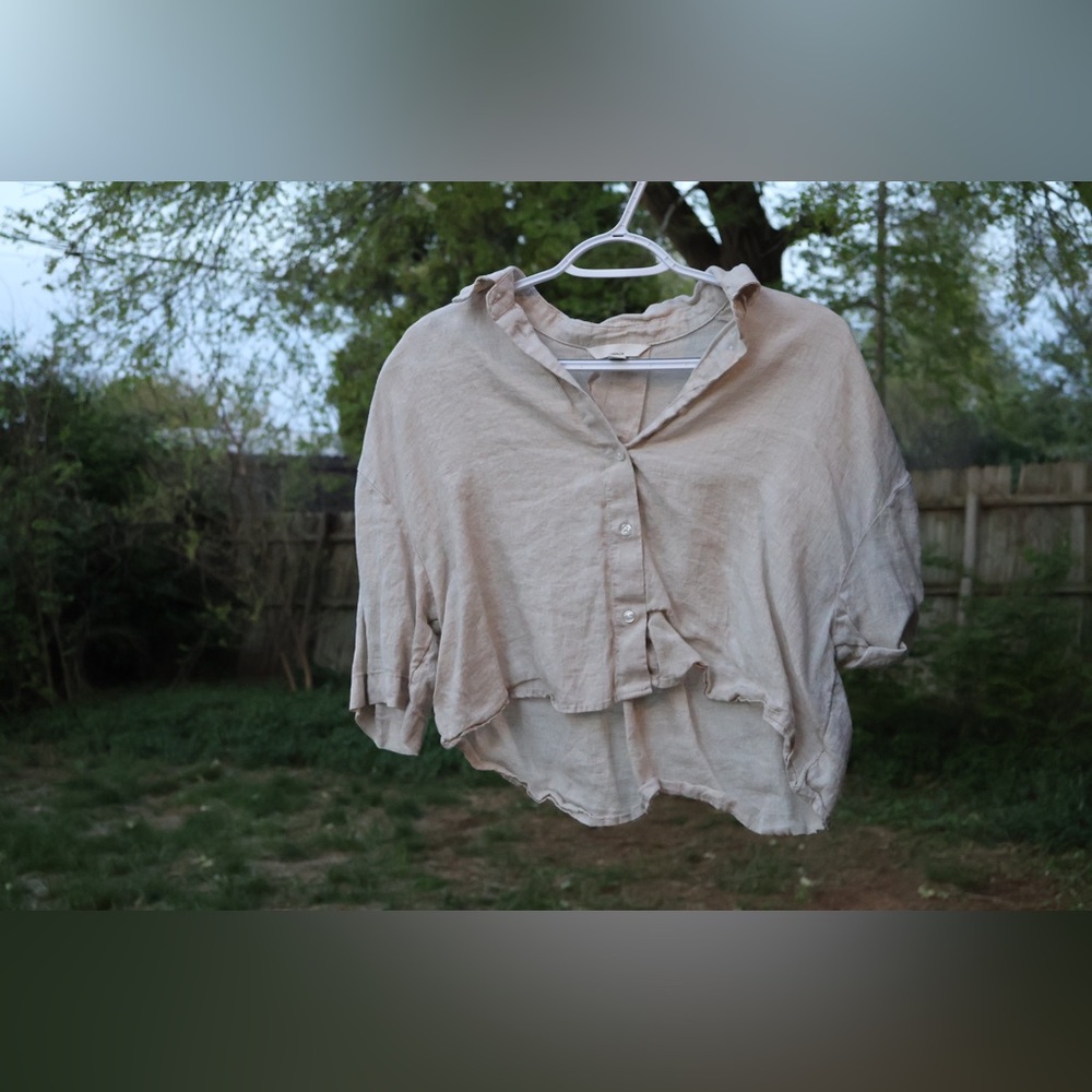 Cropped Beige Button-Up Women's Linen Top